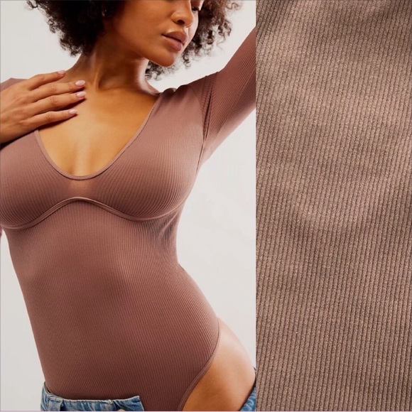 Free People Meg Seamless V Neck Bodysuit In Ash Brown. NWT!Sz XS/S & M/L - Picture 1 of 9